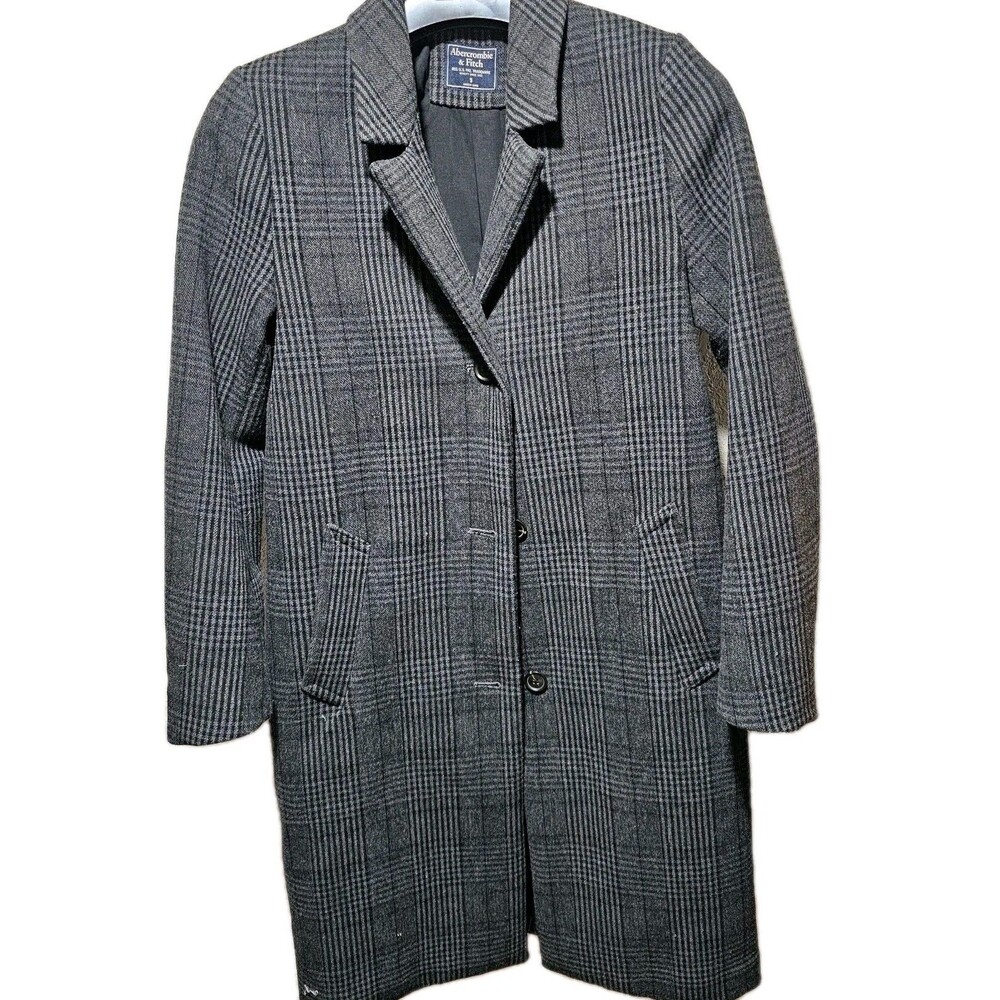 Abercrombie & Fitch Womens Sm Plaid Wool Blend Maxi Over Coat Black Grey